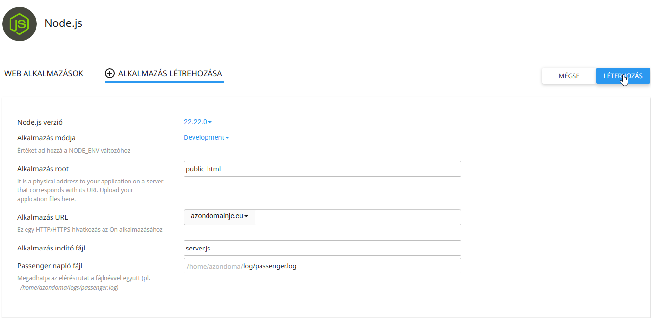 Setup Node.js App áttekintő felület cPanelben