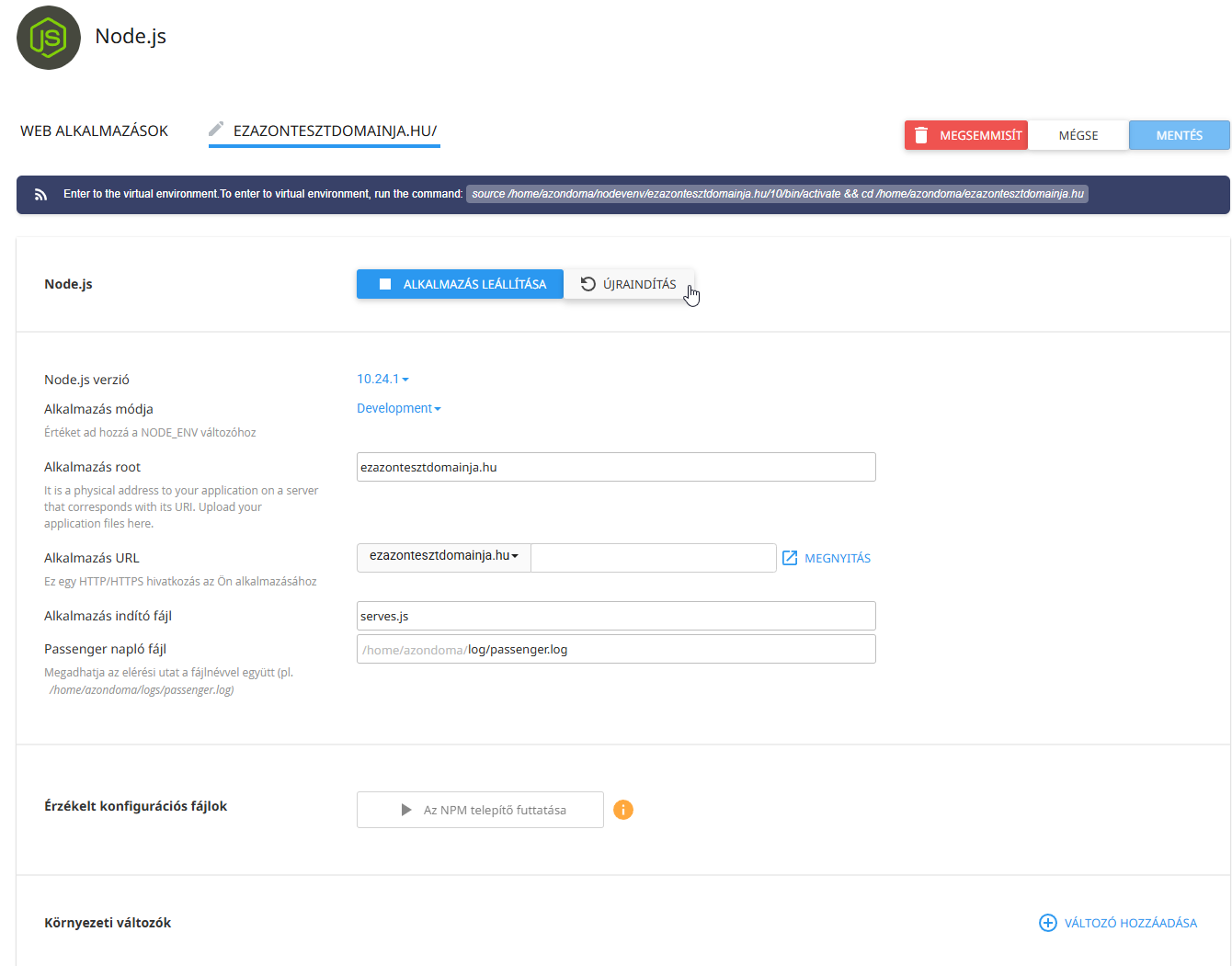 Setup Node.js App áttekintő felület cPanelben