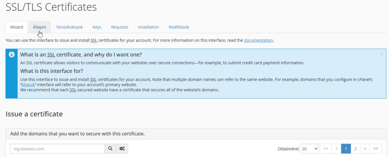 Az SSL/TLS Certificates felület teljes áttekintő képe a fülsorral.