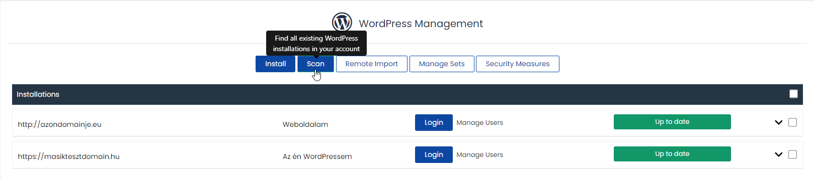 WordPress manager felület