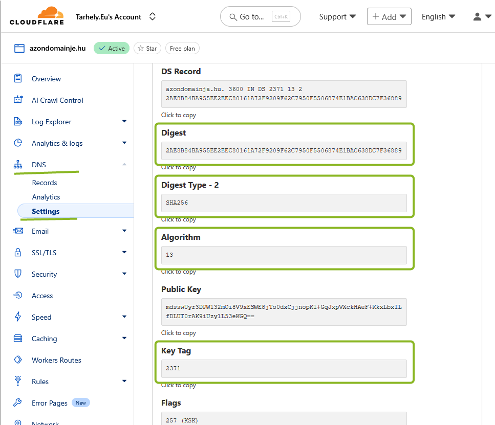 Cloudflare DNSSEC: a szükséges DS mezők (Digest, Digest Type, Algorithm, Key Tag) kiemelve